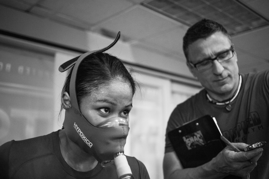 In preparation for her pro-debut, Casey trains on a Hypoxico breathing machine, which teaches Casey how to pace her breathing while fighting so she does not exert all of her energy at once.